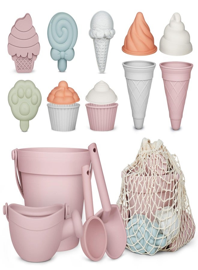 MarcZero 17Pcs Silicone Beach Toys,Modern Baby Beach Toys,Travel Friendly Beach Set,Silicone Bucket, Watering Can, Shovel, 12 Sand Molds, Beach Bag,Silicone Sand Toys for Toddlers, Kids (Pink) - Image 1